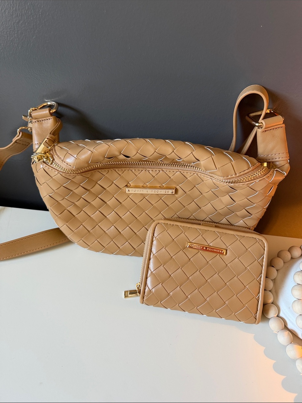 Poppy & Peonies Woven Tan Crossbody Bag with Matching Wallet